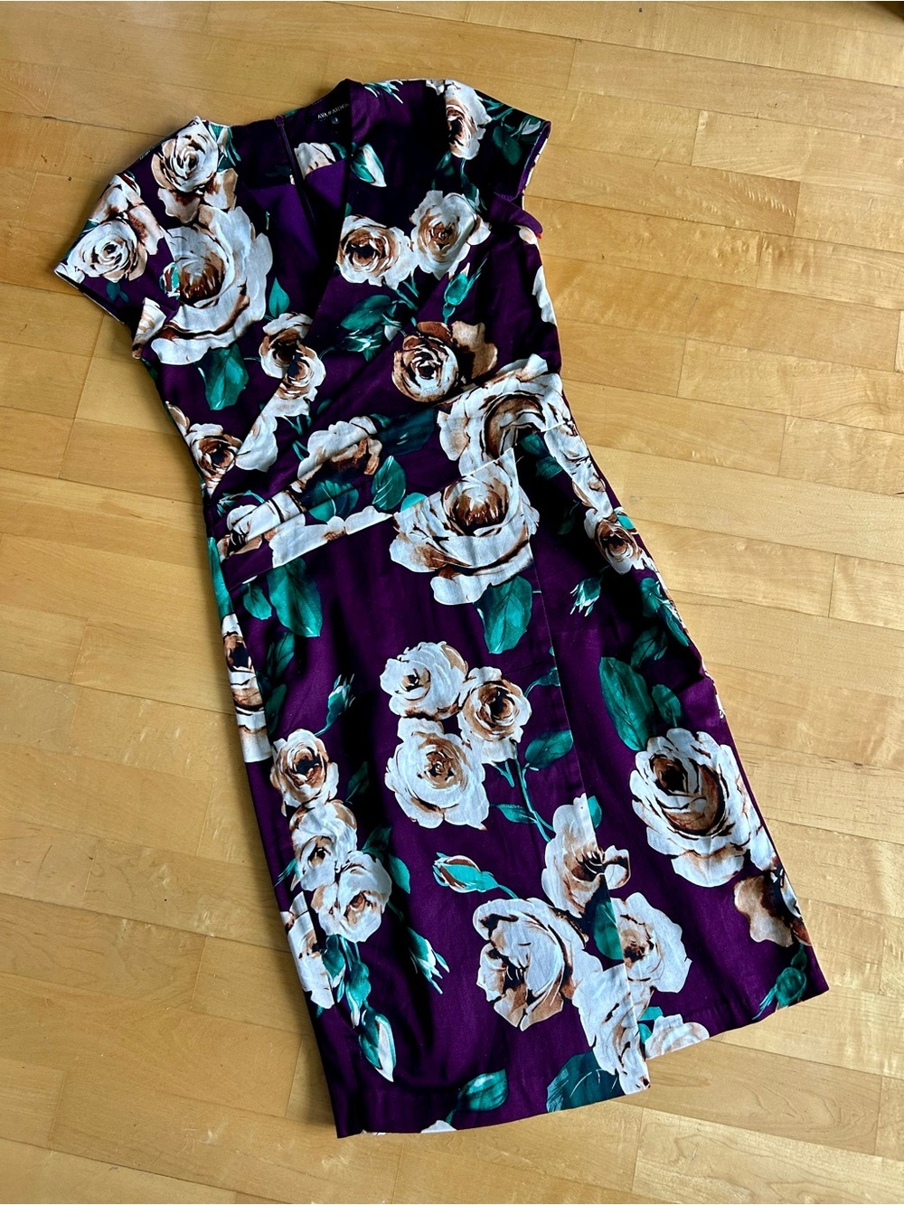 Ava & Aiden Purple Floral Midi Dress with White Roses, Size 2